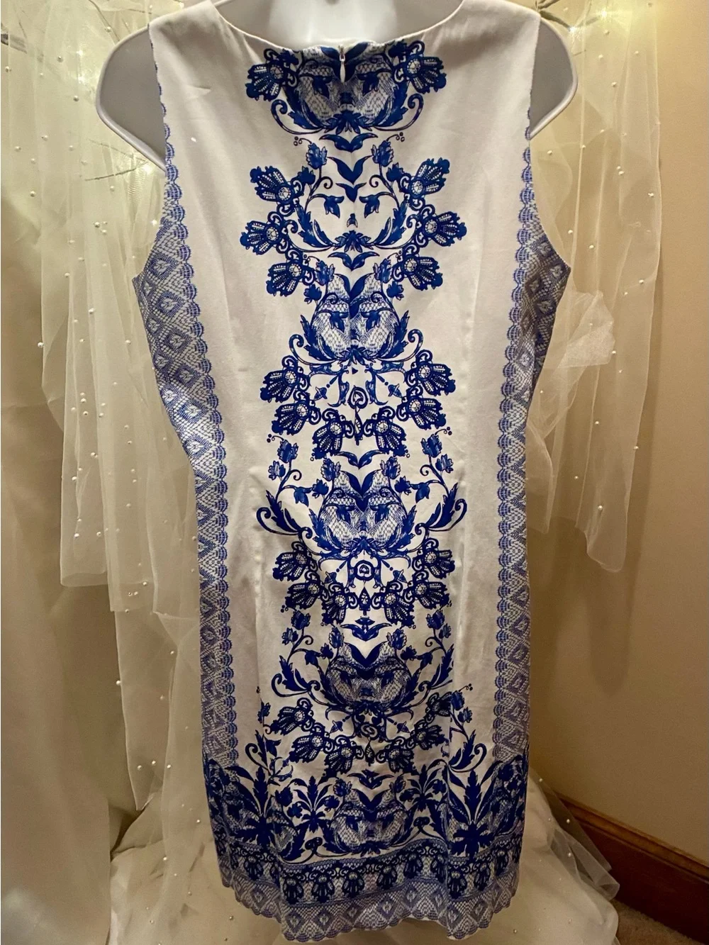 London Times White Midi Dress with Royal Blue Floral Print - Picture 4 of 6